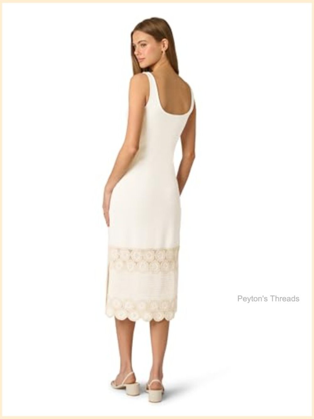 Crochet Trim Sheath Midi Dress Sleeveless Square Neck Pull On - Picture 2 of 6